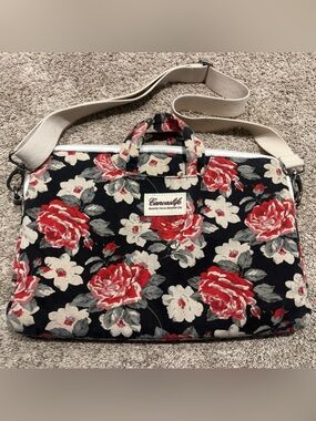 Canvas life  Floral Canvas Tote Bag - Red & Cream Roses on Black 10 by 15